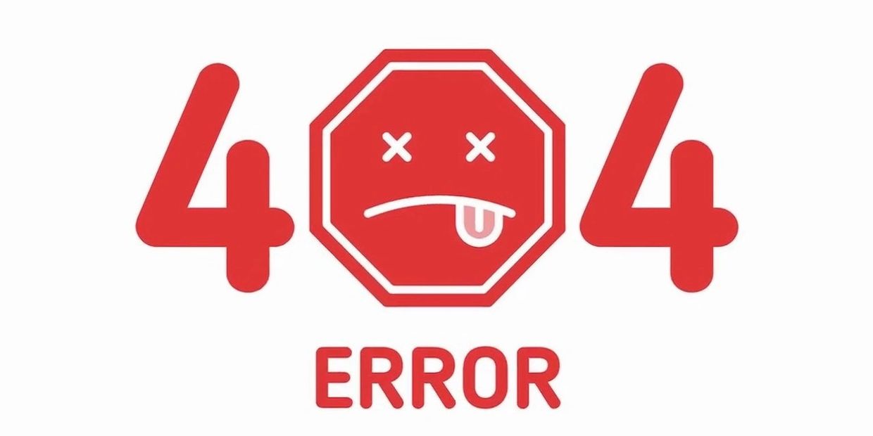 Red 404 error with a dead face symbol.