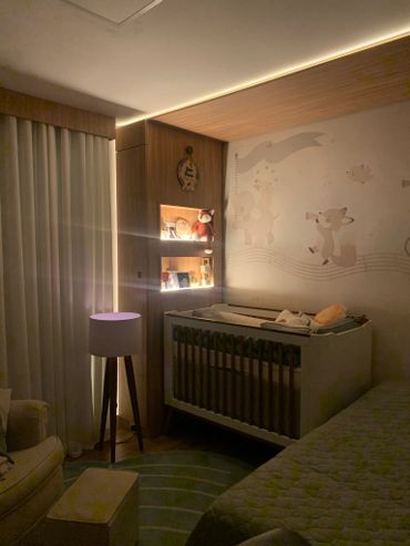 Quarto de bebê
Iluminação indireta
Dimer
Decoração 
Papel de parede
Tapete 