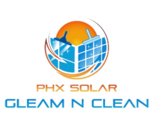 Logo for PHX Solar Gleam N Clean with solar panels and cleaning tools.