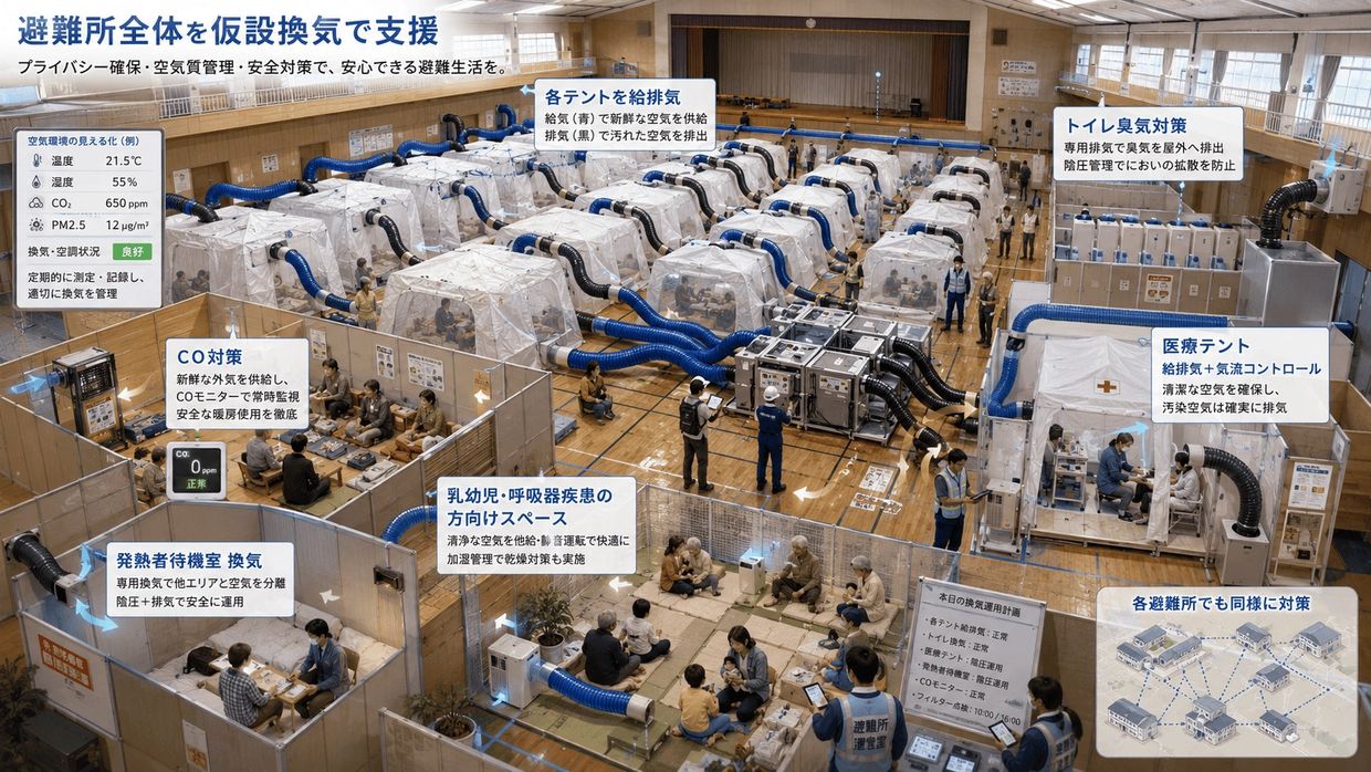 体育館に設置された仮設避難所の換気システム。