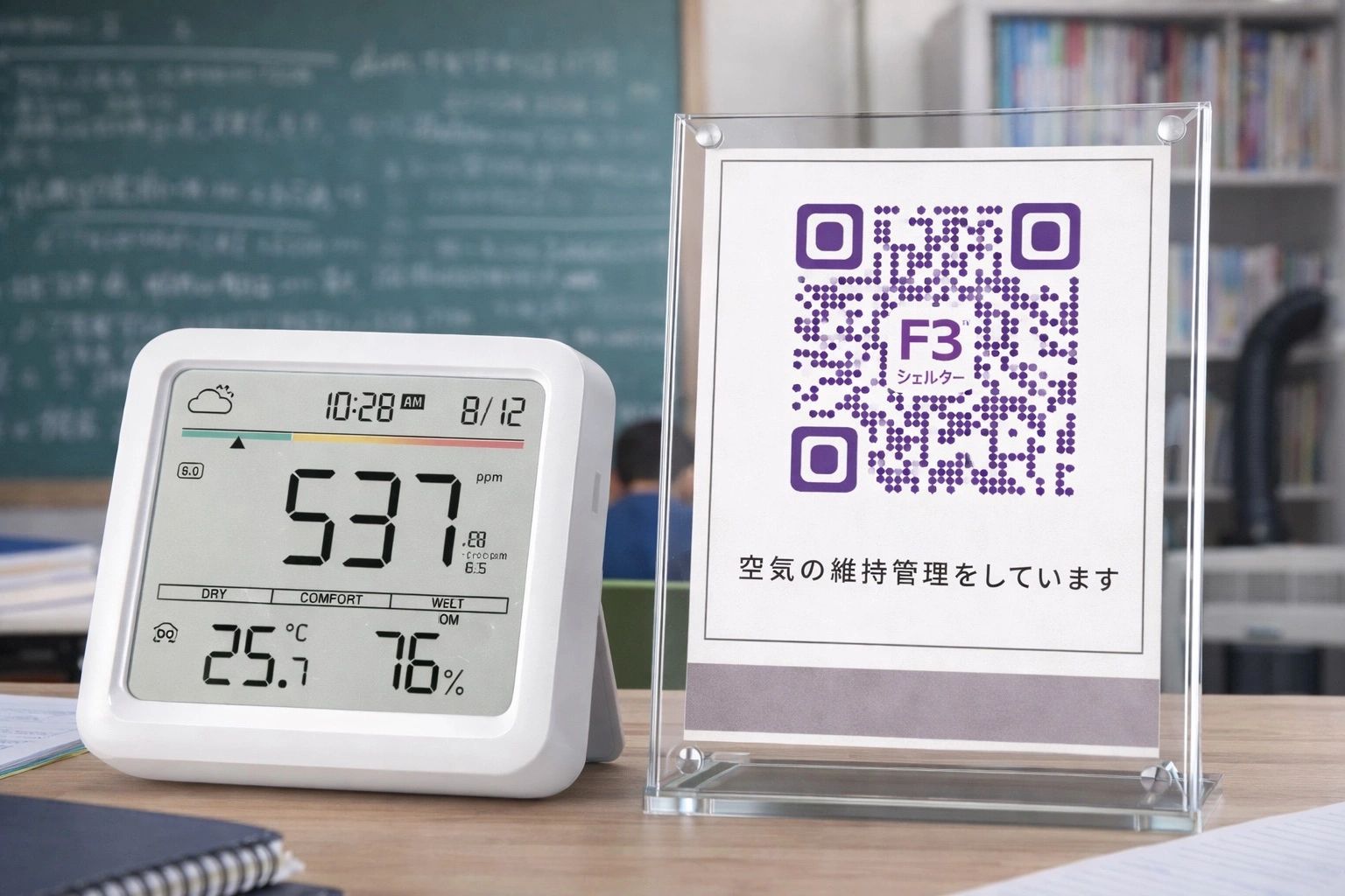 Indoor air quality monitor and QR code sign on a desk in a classroom.