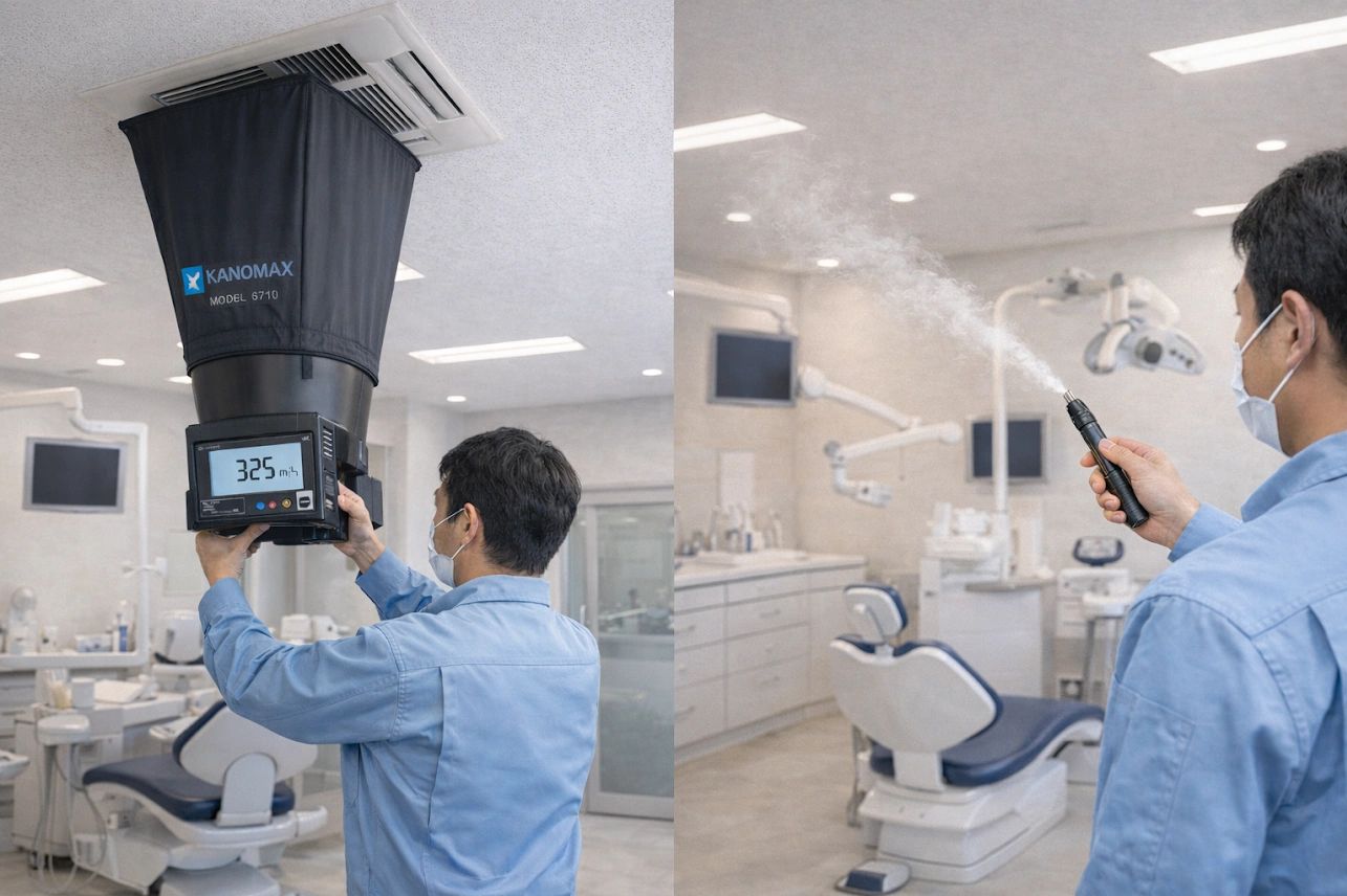 Technician measuring airflow and testing spray mist in a dental clinic.