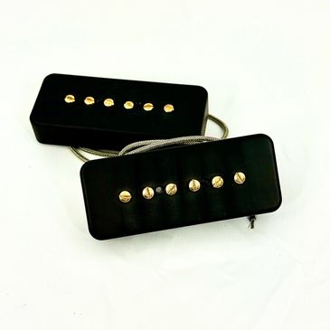 Two black guitar pickups with gold screws on a white background.