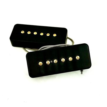 Two black guitar pickups with gold screws on a white background.