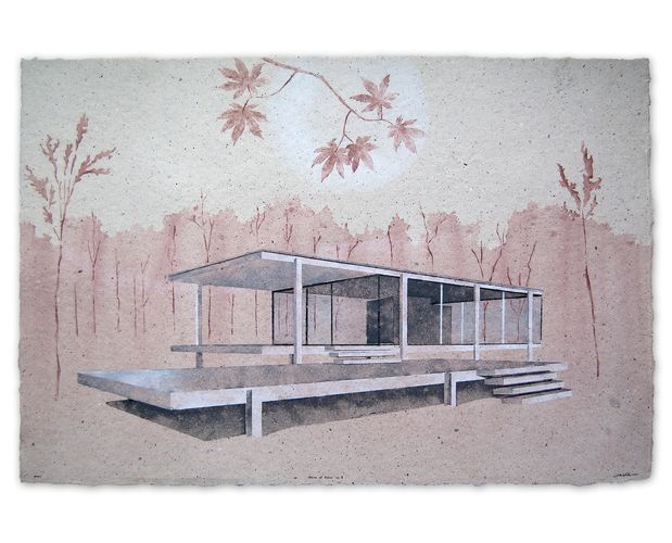 Don Widmer, House of Glass, pulp painting of Farnsworth House by Mies van der Rohe