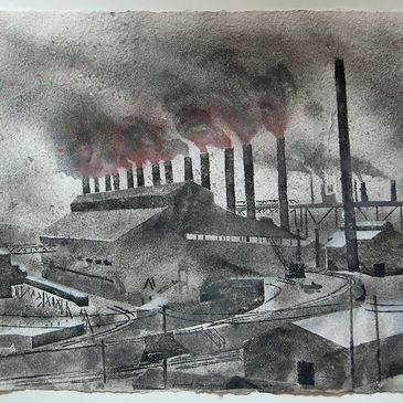 Charcoal drawing of an industrial factory emitting smoke from multiple chimneys.