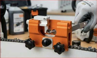 A person sharpening a chainsaw chain using an orange sharpening tool.
