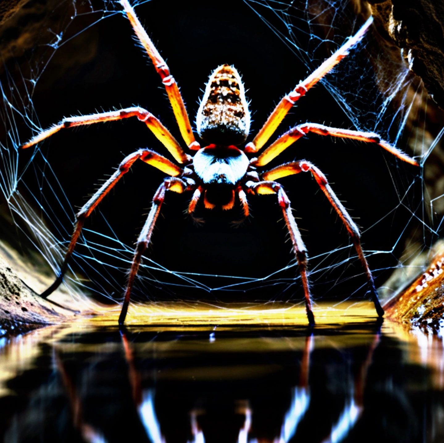Close-up of a spider on its web inside a dark cave.