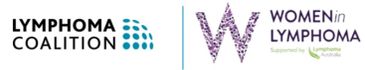 Logos of Lymphoma Coalition and Women in Lymphoma supporting lymphoma awareness.