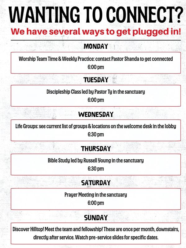 Weekly church activities schedule for connection.