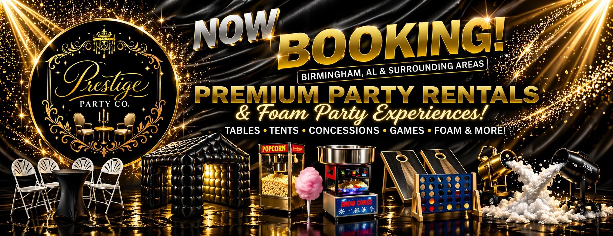 Prestige Party Co. offers premium party rentals and foam experiences in Birmingham, AL.