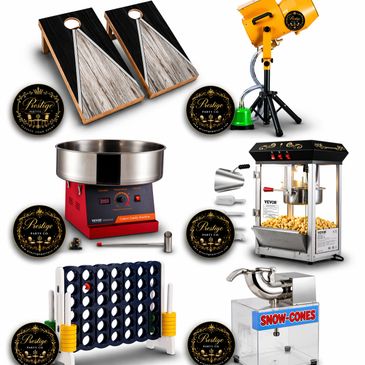 Collection of outdoor game and snack machines including cornhole boards, cotton candy maker, popcorn machine, and snow cone machine.