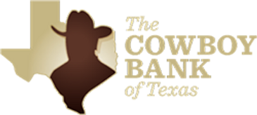 Logo of The Cowboy Bank of Texas featuring a cowboy silhouette and Texas map.