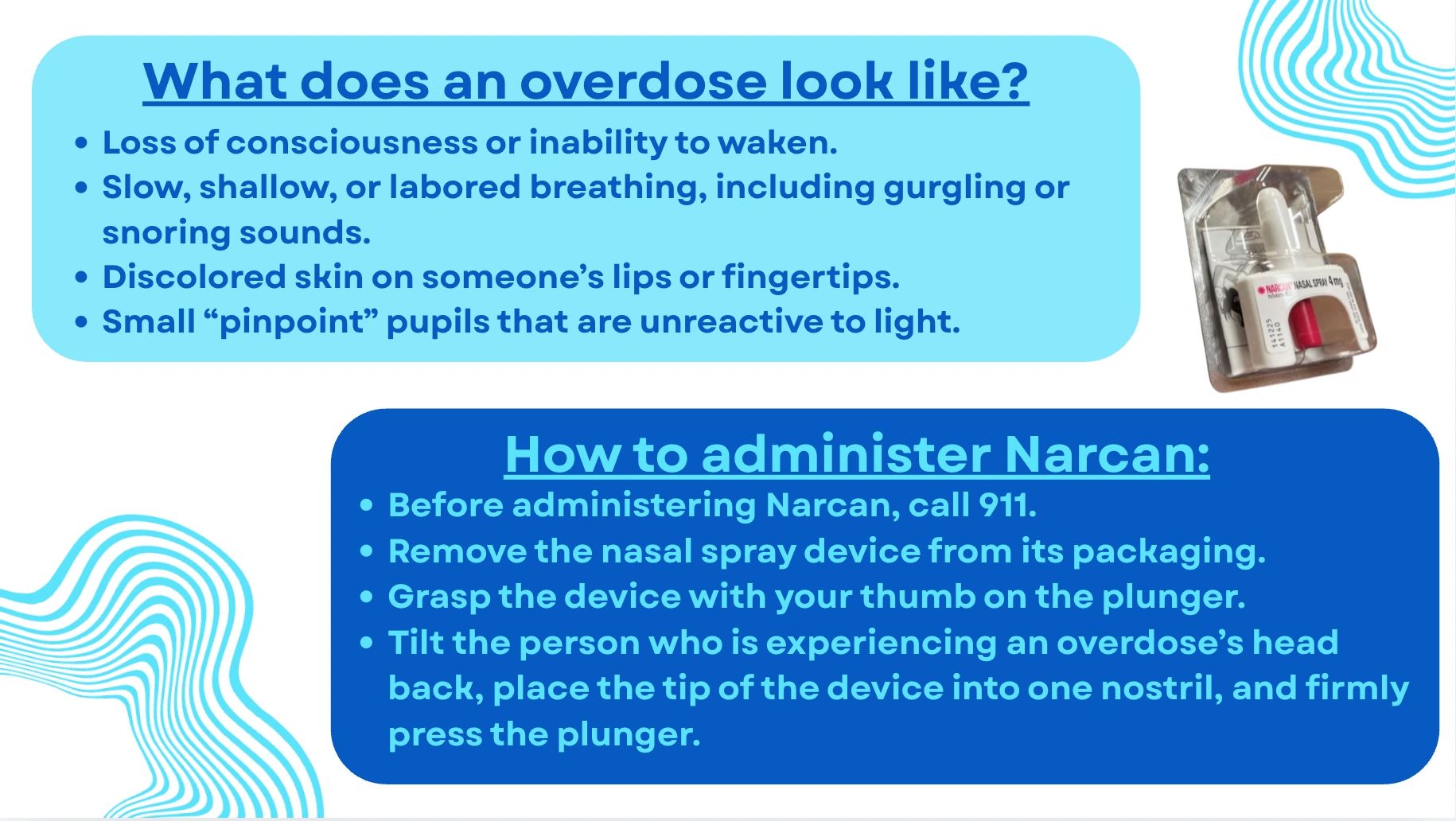 Signs of overdose and steps to administer Narcan nasal spray.