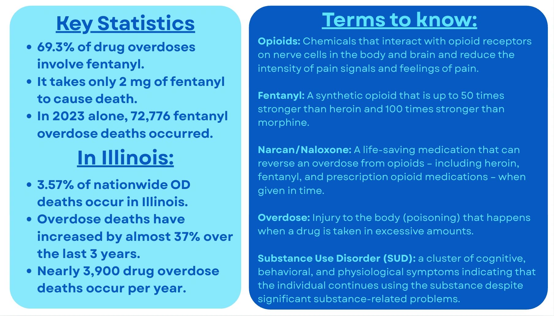 Key fentanyl overdose statistics and opioid-related definitions in Illinois and nationwide.