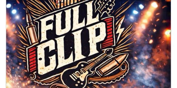 Graphic design featuring the words Full Clip with a guitar and bullet elements.