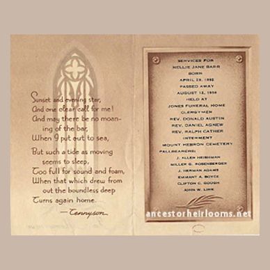 Memorial plaque with a poem and funeral service details for Nellie Jane Barr.