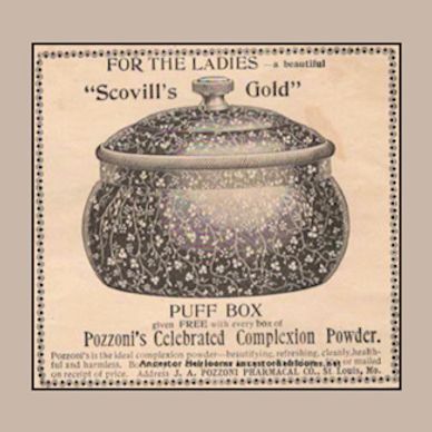 Vintage ad for Scovill's Gold puff box for ladies' complexion powder.