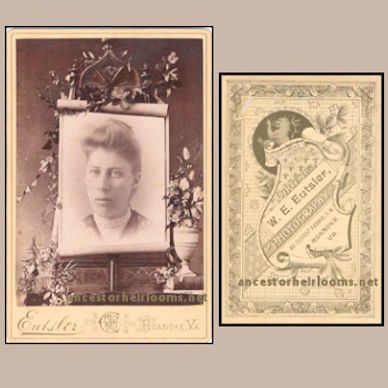 Vintage portrait photo of a woman with floral decor and ornate back card.