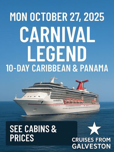 Carnival Legend cruise departs Oct 27, 2025, for a 10-day Caribbean and Panama journey from Galveston.
