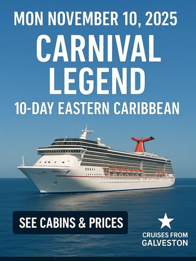 Carnival Legend cruise departs Nov 10, 2025, for a 10-day Eastern Caribbean trip from Galveston.
