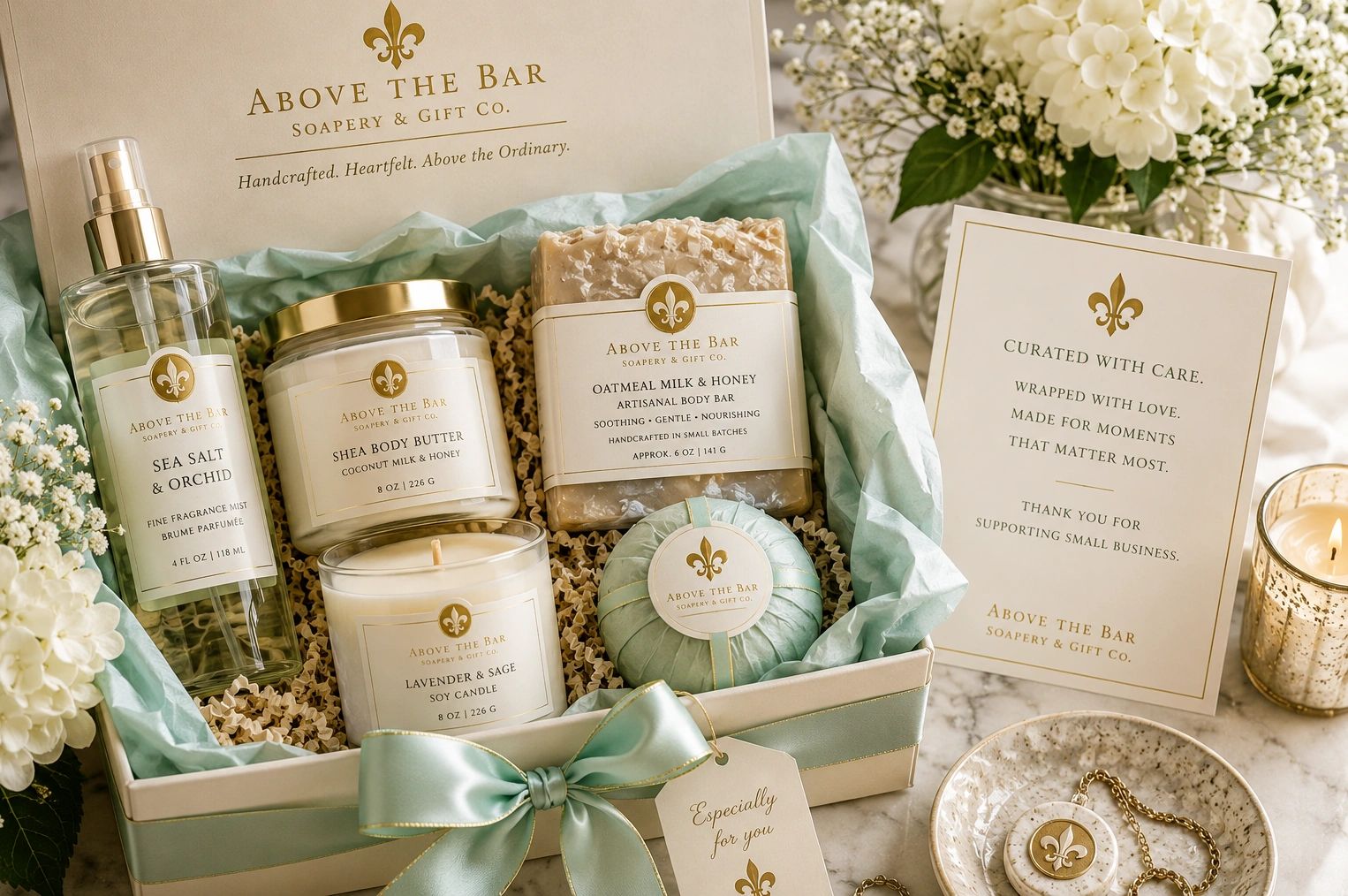 Elegant spa gift set with lotion, candle, soap, and more.