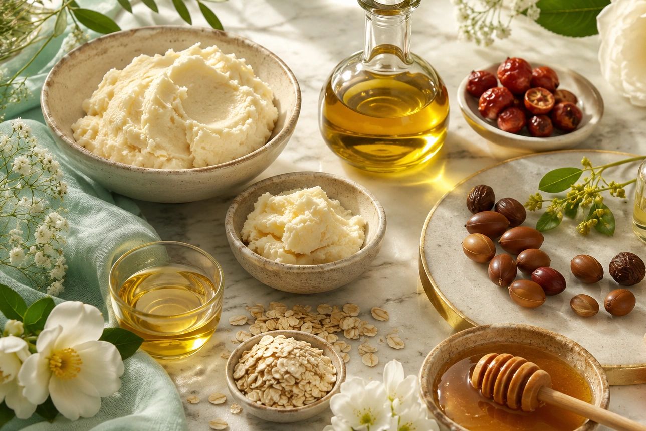 Shea butter, Cocoa but botanical oils, honey, oats, and natural ingredients on  marble surface.
