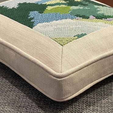 Needlepoint pillow finished with Inset canvas, gusset and mitred corners 