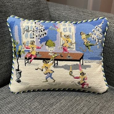 Multi-tone trim (provided by the customer) adds another dimension to this whimsical corded pillow.  