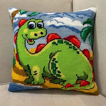 Example of needlepoint pillow finished with a knife edge - the needlepoint touches the fabric