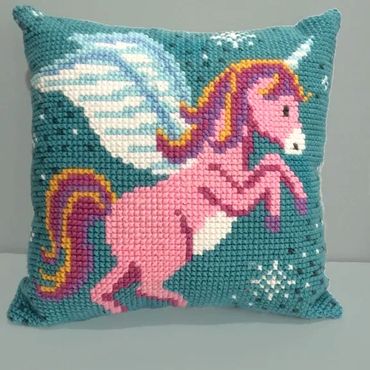 Unicorn cross stitch pillow with knife edge