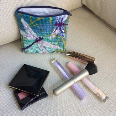example of needlepoint makeup case finishing with wipeable lining.