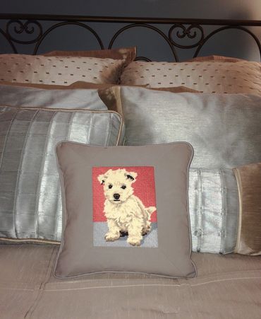 Westie puppy pillow - needlepoint canvas inset - self welt trim