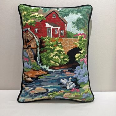 beautiful landscape needlepoint pillow finishing