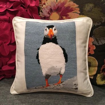 Puffin needlepoint canvas by Pepita finished as a pillow