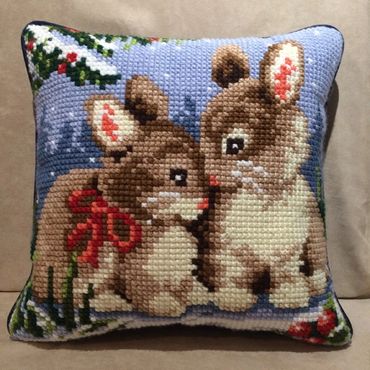 cross stitch cuddly bunny pillow with welting