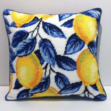 For this pillow the needlepoint finisher used a denim welting and a navy backing