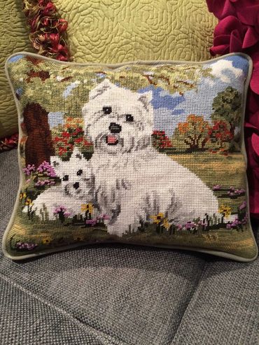 Westie Needlepoint pillow with self welt piping