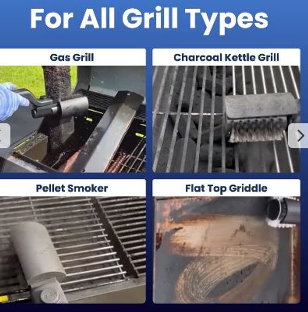 Cleaning brushes for different grill types shown.