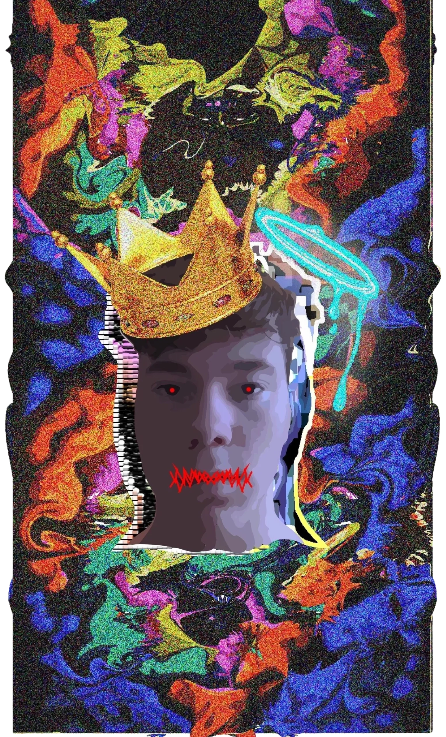 Digital portrait with a crown, red eyes, stitched mouth, and colorful abstract background.