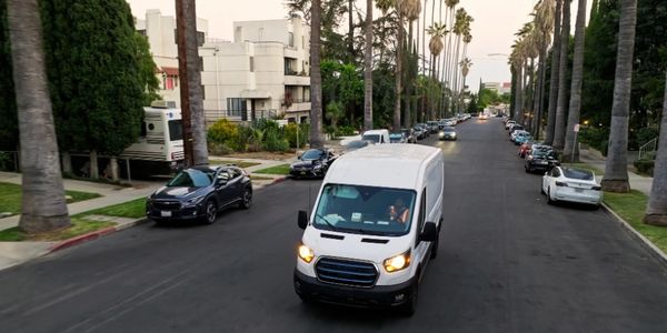 White delivery van driving down a palm-lined street in a residential area.