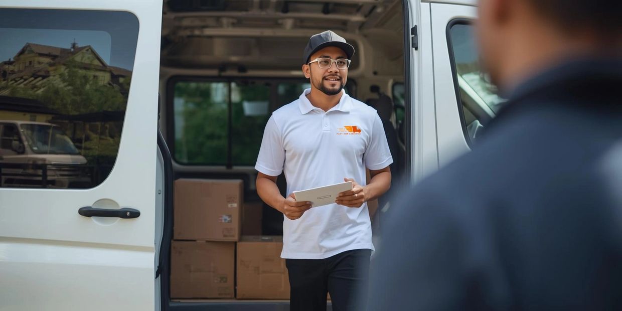 Delivery man in uniform holding a tablet by a van full of packages.