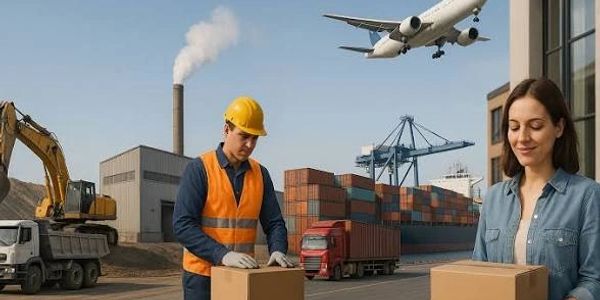 Workers handling packages at a busy industrial shipping port with cranes and vehicles.