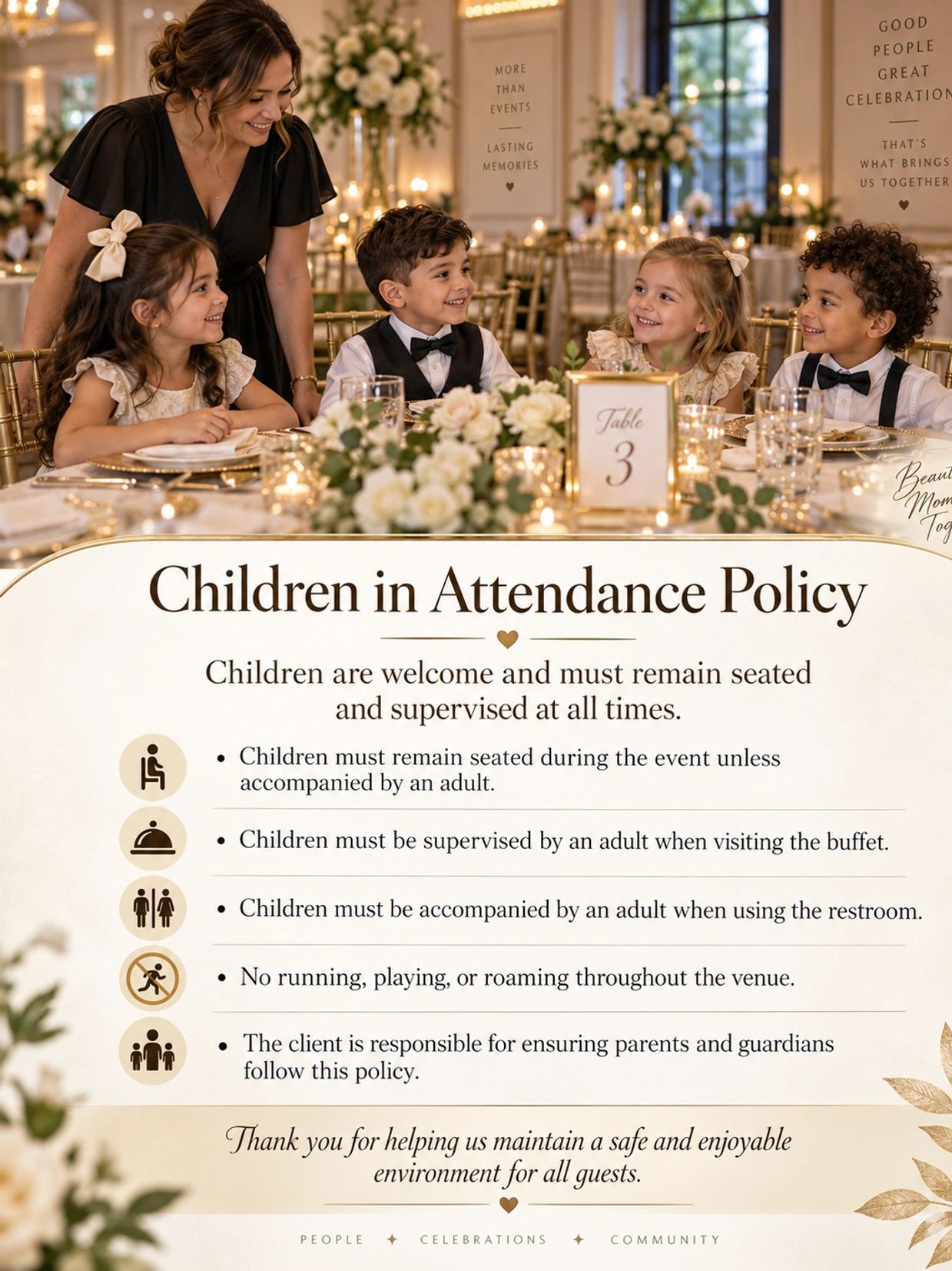 Children's attendance policy at a formal event with supervision rules.