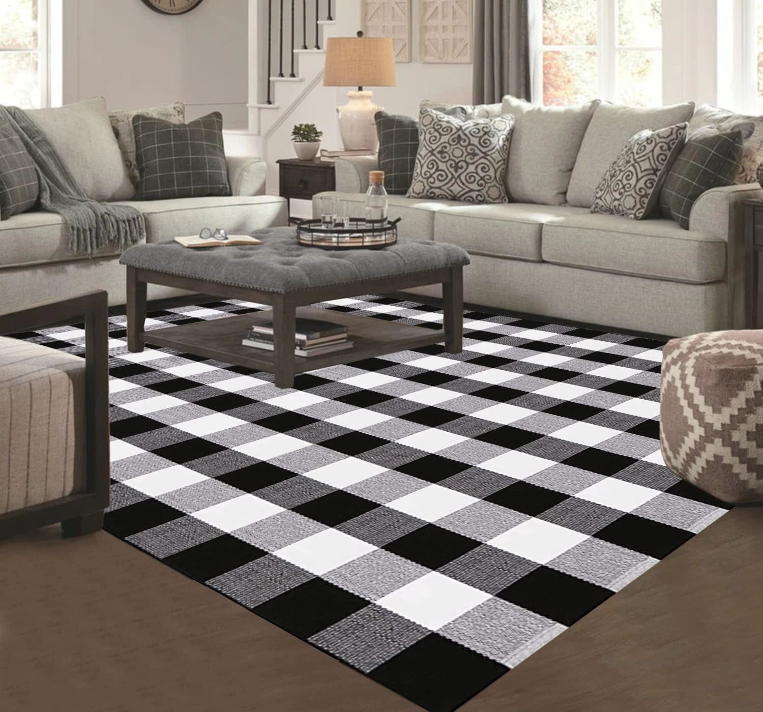 LHLJOYU Buffalo Plaid Rug Black and White Check Rugs Extra Large