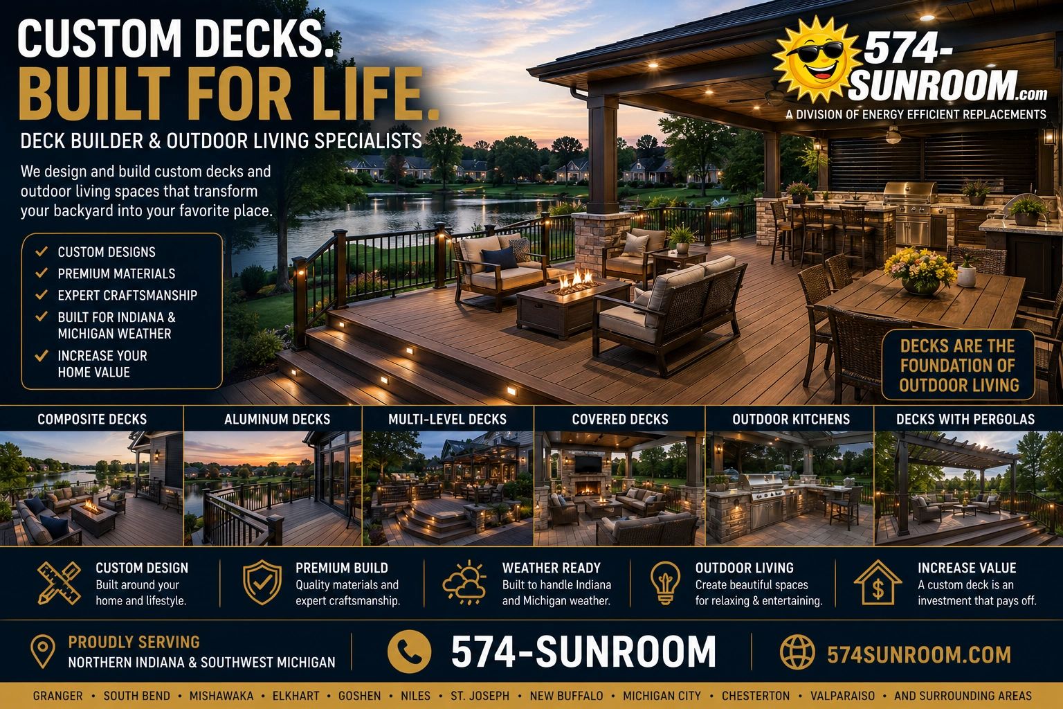 Luxury custom composite deck with covered patio, outdoor kitchen, fire pit, and lakefront backyard.