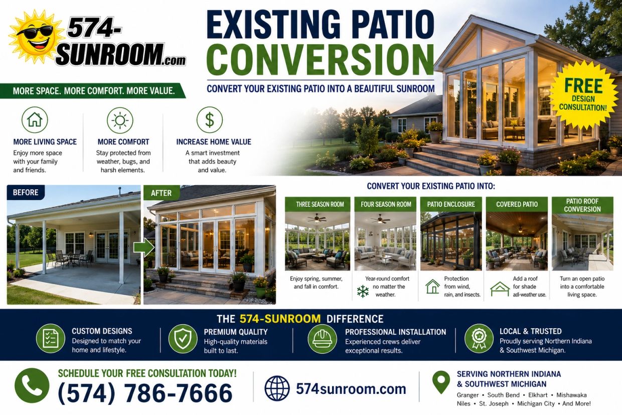 Advertisement for 574-Sunroom patio conversion services.