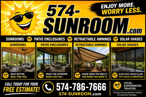 Advertisement for 574-SUNROOM with sunrooms, patio enclosures, retractable awnings, and solar shades.