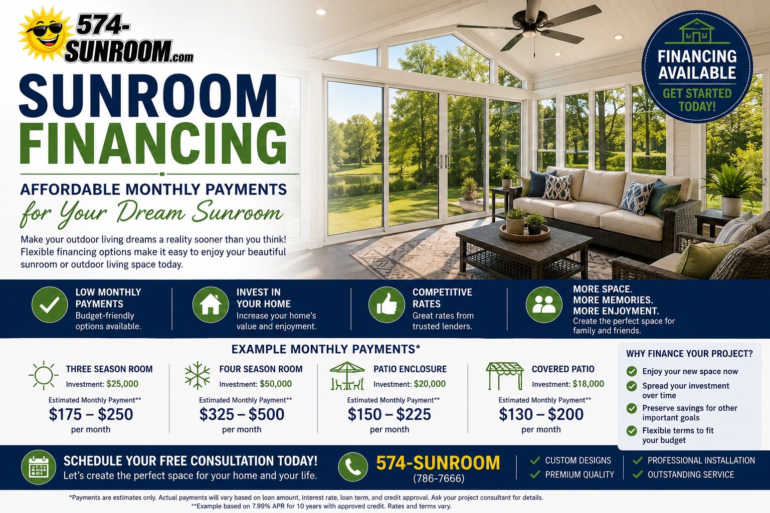 Luxury four season sunroom with affordable financing options and monthly payment examples