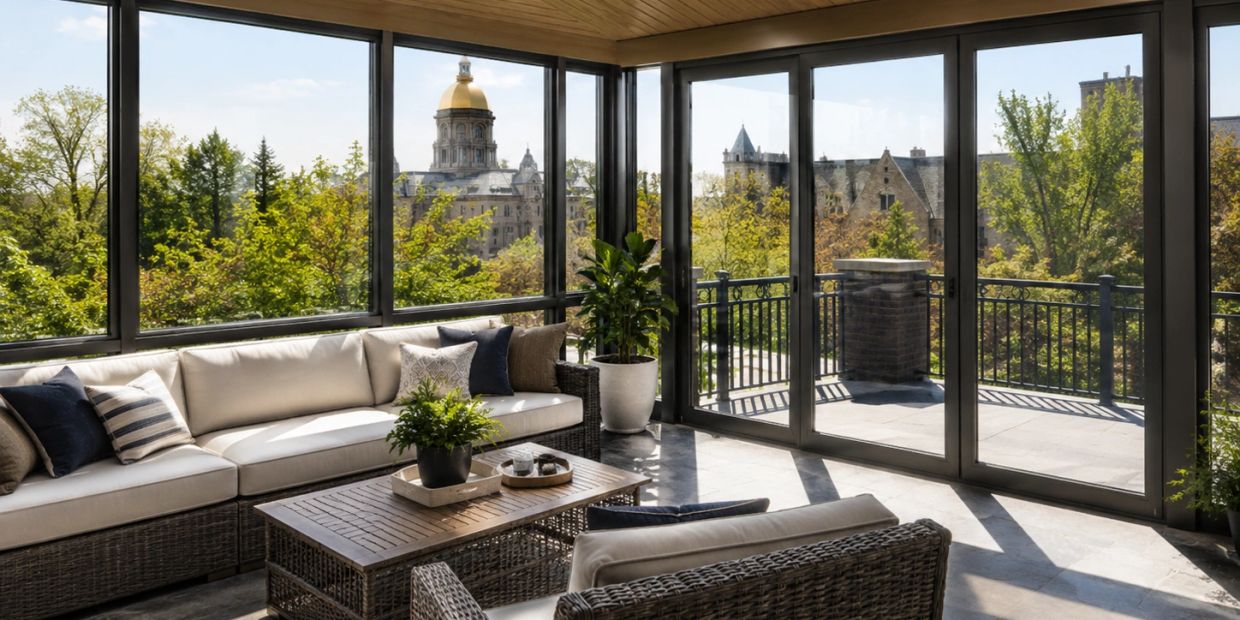 Sunny sunroom with cozy wicker furniture and city views.